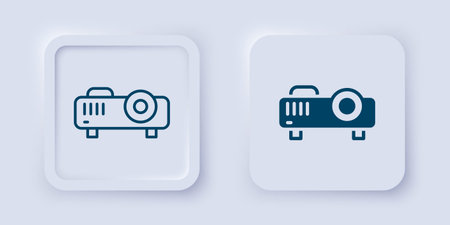 Filled and outline Presentation, movie, film, media projector icon isolated on gray background. Square button. Vector.のイラスト素材