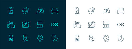 Set line Big bed Sleeping pill Window with curtains Eye sleep mask Pillow Sleepy Earplugs and ear and Dreams icon. Vector.のイラスト素材