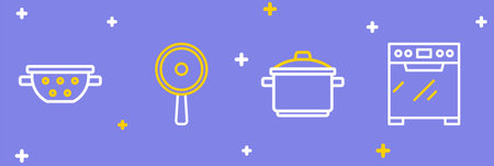 Set line Oven Cooking pot Frying pan and Kitchen colander icon. Vector.のイラスト素材