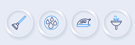 Set line Washbasin Electric iron Water drop and Rubber plunger icon. Vector.