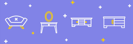 Set line TV table stand Dressing and Sofa icon. Vector.