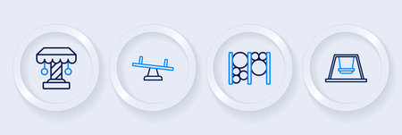 Set line Ferris wheel Playground climbing equipment Seesaw and Attraction carousel icon. Vector.