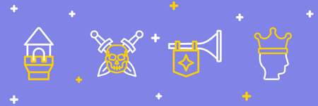 Set line King crown Trumpet with flag Skull sword and Castle tower icon. Vector.