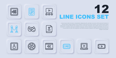 Set line Online play video Comedy and tragic masks Record button Rope barrier Camera shutter CD disk award frame and 4k movie icon. Vector.のイラスト素材