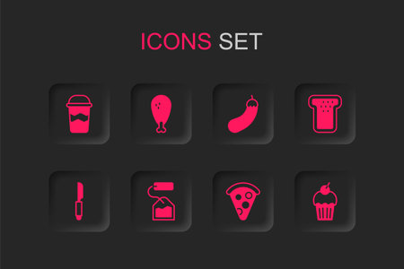 Set Tea bag Chicken leg Coffee cup to go Slice pizza Bread toast Muffin Eggplant and Knife icon. Vector.のイラスト素材