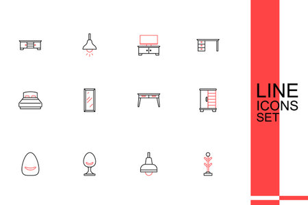 Set line Coat stand Lamp hanging Armchair Pouf Wardrobe Office desk Big full length mirror and bed icon. Vector.のイラスト素材