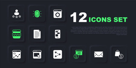 Set Mail and e-mail shopping bag dollar File document Advertising Browser window Diamond and Share icon. Vector.のイラスト素材