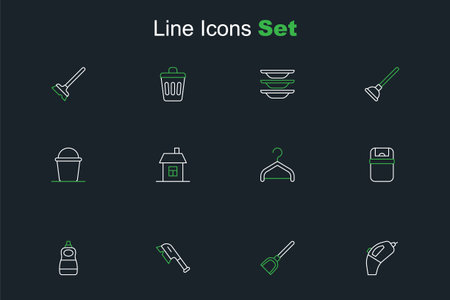 Set line Portable vacuum cleaner Dustpan Brush for cleaning Dishwashing liquid bottle Trash can Hanger wardrobe House and Bucket icon. Vector.のイラスト素材