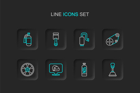 Set line Gear shifter Nitrous oxide Racing helmet Alloy wheel for car track Car muffler Engine piston and Fire extinguisher icon. Vector.のイラスト素材
