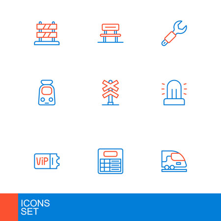 Set line High-speed train Train station board ticket Flasher siren and railway Railroad crossing Wrench spanner and Waiting hall icon. Vector.のイラスト素材