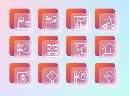 Set line Handcar transportation Exclamation mark in square Railway map Cafe restaurant location End of railway tracks Train station board Turnstile and Toilet icon. Vector.のイラスト素材