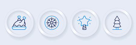 Set line Christmas tree star Snowflake and Roasted turkey or chicken icon. Vector.のイラスト素材