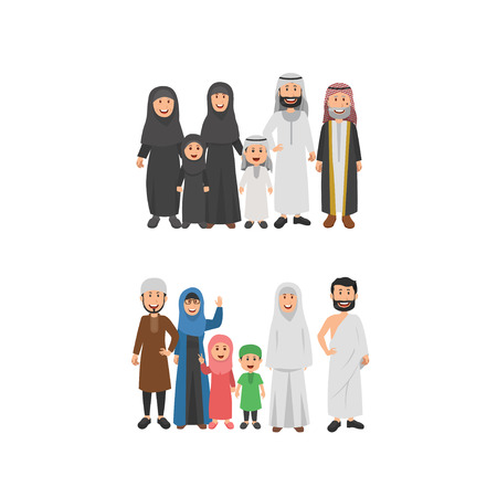 Set of Arabian Family, Moslem People With Traditional Arabian Clothes. Father, Mother, Grandparents, Son and Daughter. Flat Vector Illustrationのイラスト素材
