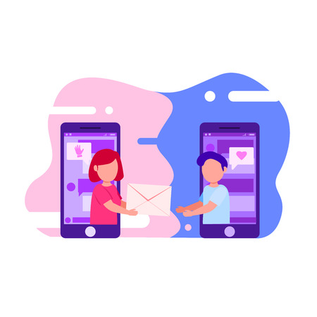 Illustration of two young people exchanging messages in the chat application, Flat Vectorのイラスト素材
