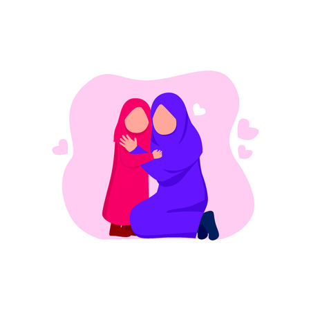 Arabian Mother And Daughter, Happy Family Celebrating Mother Day  Flat Vector Cartoonのイラスト素材