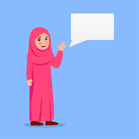 Little Girl Wearing Hijab Veil With Chat Bubble Gesturing Hello Cute Cartoon Vector Illustrationのイラスト素材