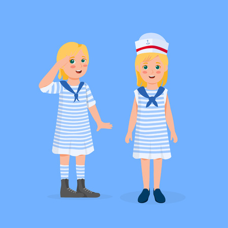 Cute Blonde Little Girl Wearing Sailor Costume Vector Cartoon Illustrationのイラスト素材