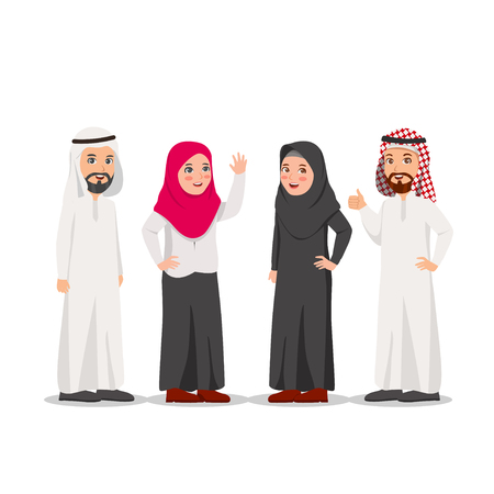 Group of People Wearing Arabian Traditional Dress, Man and Woman Vector Illustrationのイラスト素材