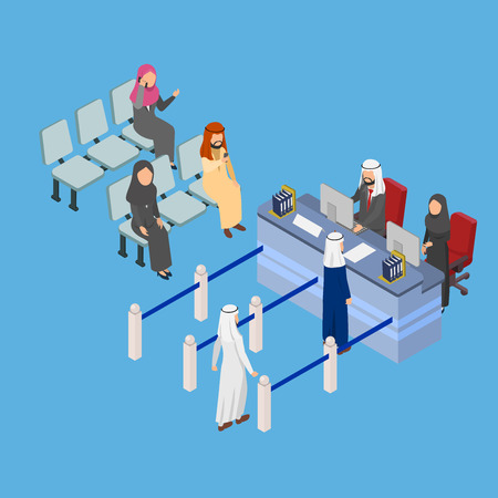Set illustration arabian people queue at the bank teller to make transactions, Isometric 3D flat vectorのイラスト素材
