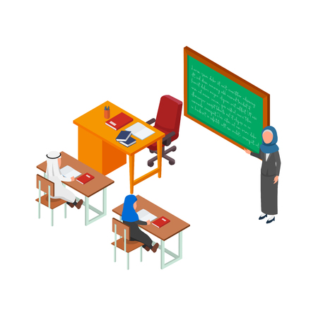 Illustration of Teacher Explaining to Student in Classroom Vector Isometricのイラスト素材