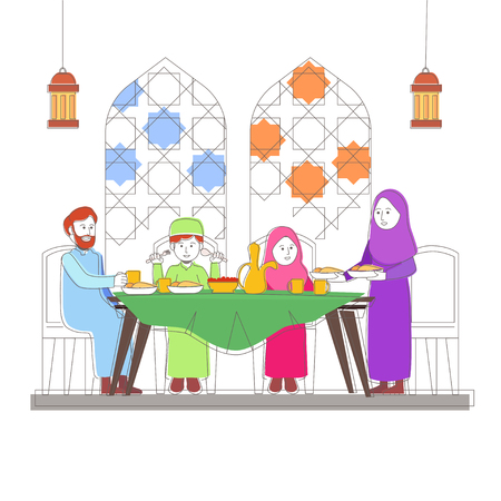 Family Iftar meaning is breaking their fast in the month of Ramadan vector illustration designのイラスト素材