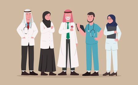 Set Illustration Arabian Medical Team, Doctor and Nurse Chacter Design Cartoonのイラスト素材