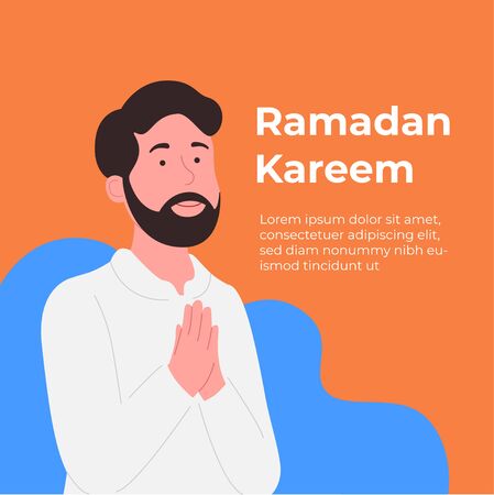 Ramadan Kareem Greeting Card Young Man With Praying Hand Gesture Illustrationのイラスト素材