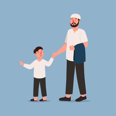 Muslim Father and Son Walk Together Cartoon Flat Illustrationのイラスト素材
