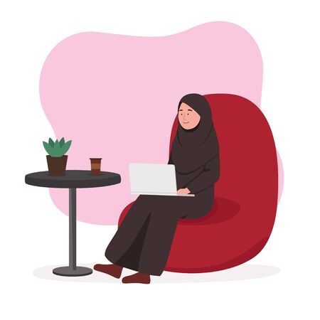 Arabian Woman Remote Worker, Work From Home Illustrationのイラスト素材