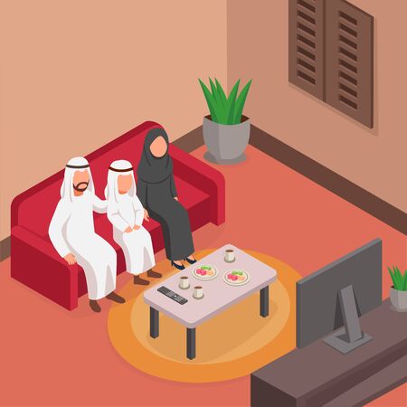Happy Arabian Family Watching TV Together On Sofa, Isometric Illustrationのイラスト素材