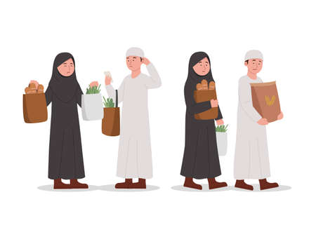 Cute Arabian Kids Shopping Together Cartoon Illustrationのイラスト素材