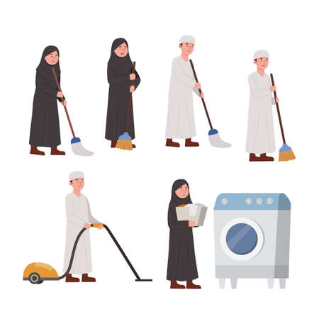 Set Arabian Kids Cleaning Home Activity Cartoon Illustrationのイラスト素材