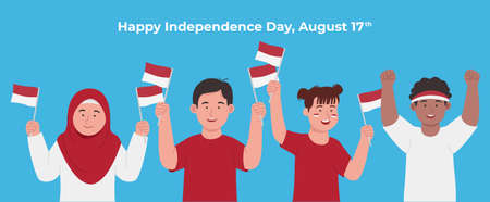 Group of Happy Kids Celebrating Indonesia National Day, Independence Day Cartoon