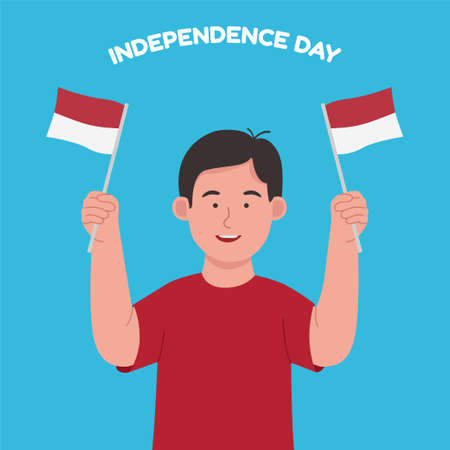Happy Cute Boy Holding Indonesia Flag Celebrating Independence Day Cartoon Illustrationのイラスト素材