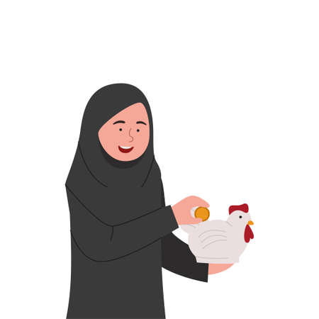 Arabian Hijab Girl Save Money in Chicken Bank or MoneyBox Cartoon Illustrationのイラスト素材