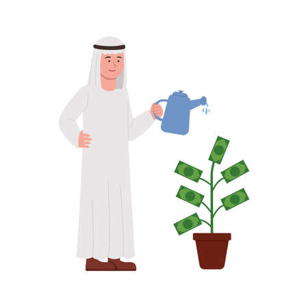 Concept Illustration of Arabian Man Investing Money With Watering Plant Cartoonのイラスト素材