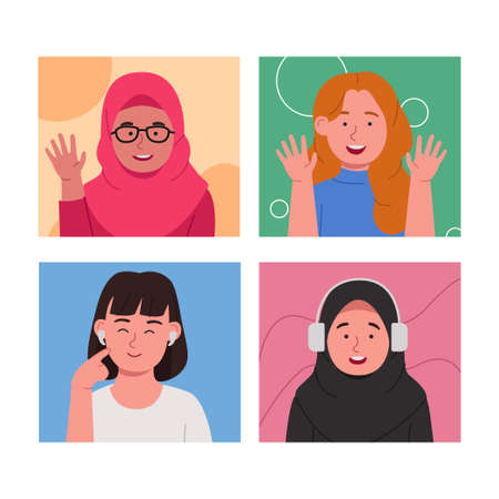 Group of Young Women Video Calling Flat Cartoon Illustrationのイラスト素材