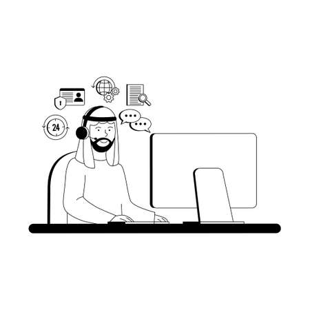 Arabian Man Work as Call Center or Customer Service Flat Outline Illustrationのイラスト素材