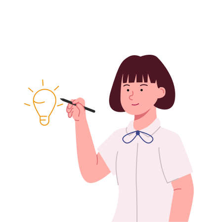 Cute Little Girl Drawing Idea Concept Illustrationのイラスト素材