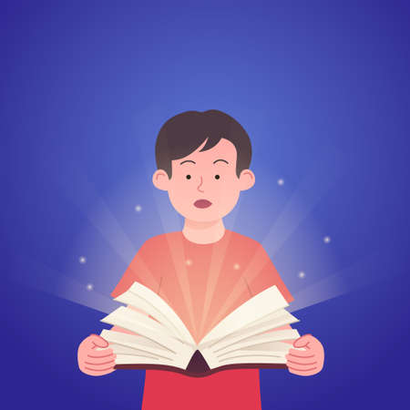 Adorable Kids Opening Book Concept of Magical Light Book Illustrationのイラスト素材