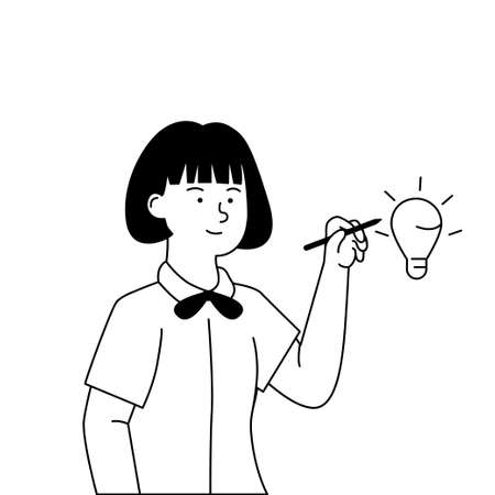 Flat Black and White Illustration of Girl Drawing Idea Conceptのイラスト素材