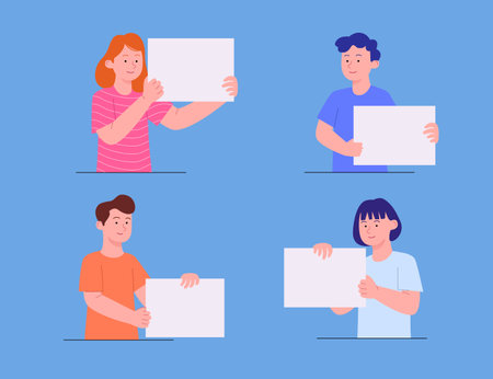 Set Illustration of Young People Holding Blank Poster Template Flat Illustrationのイラスト素材