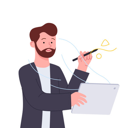 Man Holding Tablet and Pen Wireless Drawing Illustrator Conceptのイラスト素材