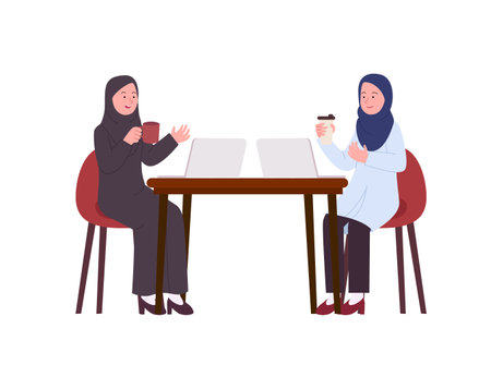 Two Arabian Office Lady Hijab Talking Together Drinking Flat Illustrationのイラスト素材