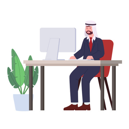 Arabian Man Office Worker on Computer Flat Illustrationのイラスト素材