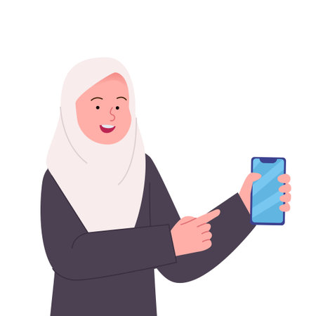 Happy Arabian hijab woman pointing to smartphone flat illustrationのイラスト素材