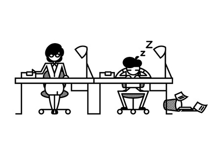 Line art illustration of modern office working space with employee side by side snooze messy falling asleepのイラスト素材