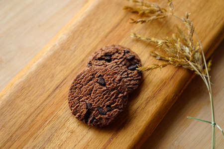chocolate cookies and dark chocolate grain on wooden board background. for text concept advertising