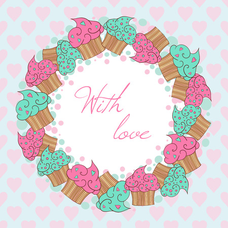 Wreath from cupcakes. Text with love in the card. のイラスト素材