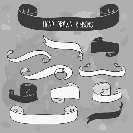 Hand drawn ribbons set. Vector banners on grunge background. Vintage decorative ribbon.のイラスト素材